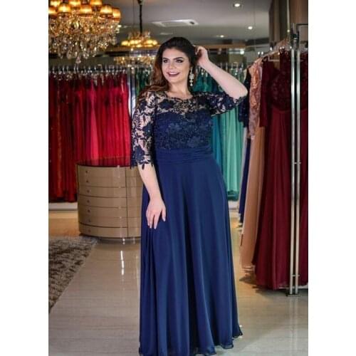 2020 Mother Of Bride Dresses A Line Jewel Lace Chiffon Wedding Guest Dresses With 1/2 Sleeve Floor Length Plus Size Prom Dresses