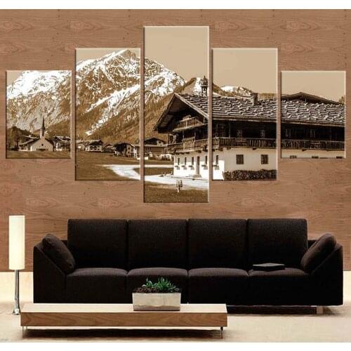 5 Pieces Wall Art Canvas Painting Snow Mountain House Landscape Posters Pictures Home Modern Living Room Bedroom Decoration