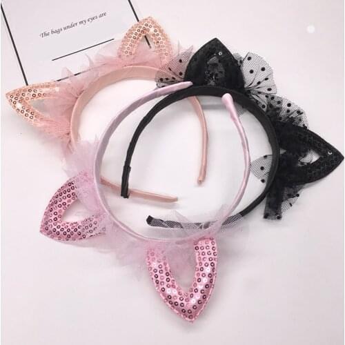 Kawaii Cat Ear Yarn Headband Hair Hoop Solid Color Sweet Girls Princess Kawaii Sequin Hairband Headwear