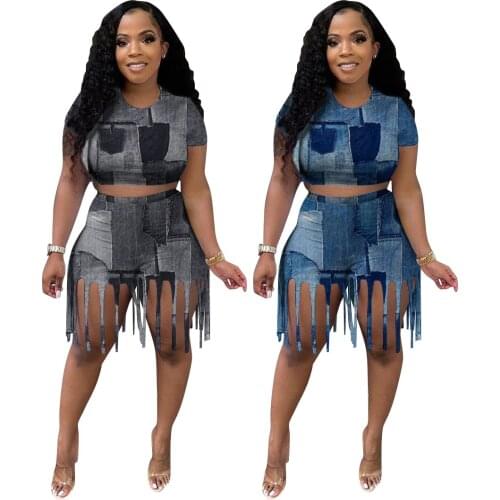 Sexy Tassel 2 Pieces Shorts Sets Women Short Sleeve O Neck Crop Top and Biker Shorts Fashion Printed Club Outfits Tracksuit