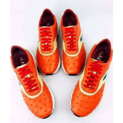 2019 new production 100% real genuine ostrich skin orange color sneaker shoe with genuine cowhide skin lining
