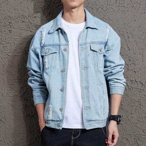 Korean Couple Wear Ripped Denim Jacket Spring and Autumn Japanese Loose Student Denim Jacket Men Motorcycle Denim Jacket