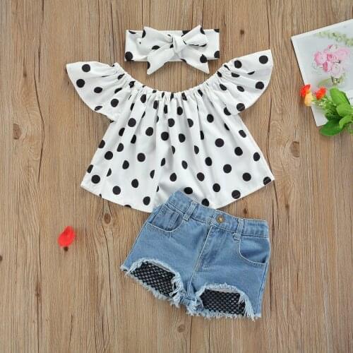 Toddler Baby Girls Polka Dots Print Fly Sleeve Tops+ Denim Shorts for Summer Fashion 2Pcs Outfits Children Kids Clothes Set