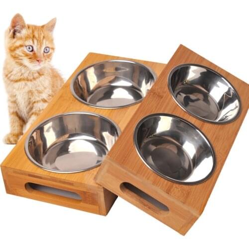 Pet Cat Bowl Bear Bamboo Plate Double Bowl Natural Durable Safety Wood Stainless Steel Cat Dog Utility Double Bowl