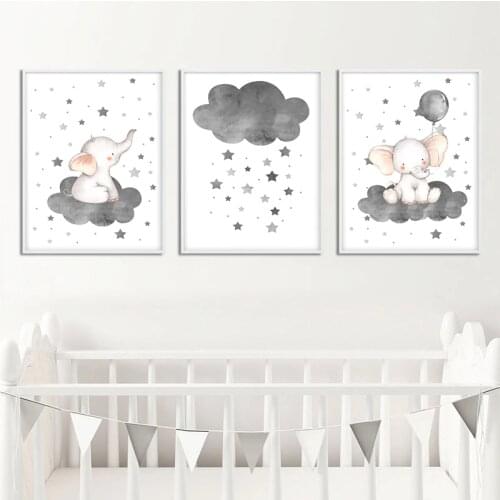 Cartoon Elephant Balloon Cloud Poster Animal Nursery Art Print Wall Picture Canvas Painting Nordic Kid Baby Bedroom Decoration