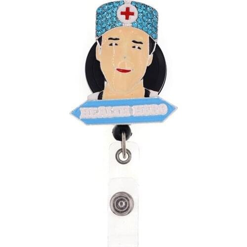 New Product Blue Rhinestone Badge Reel Nurse "HEALTH HERO" Badge Reel Retractable