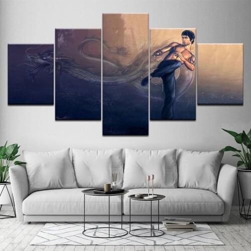 HD Print Poster 5 Panel Bruce Lee Kung fu Wall Art Canvas Dragon Painting bedroom living Room Home Decor Artwork Modular Picture