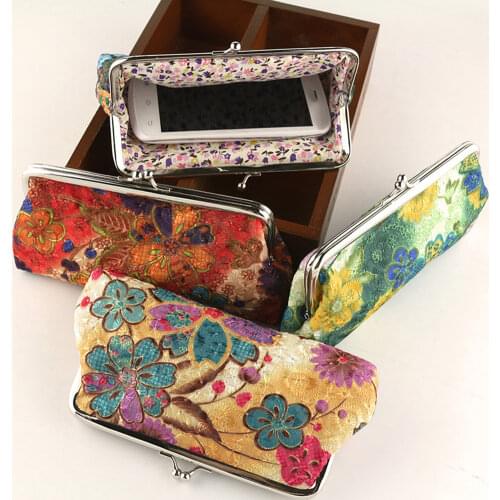 Hot Vintage Women Flower Kiss Lock Long Coin Purse Phones Keys Holder Wallet Gift