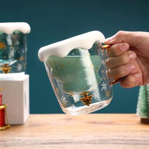 Cute Mugs Christmas Coffee Mug Double Glass 3D Christmas Tree Glass Cup Insulated Glasses Milk Tea Espresso Cup 300ML Xmas Gifts