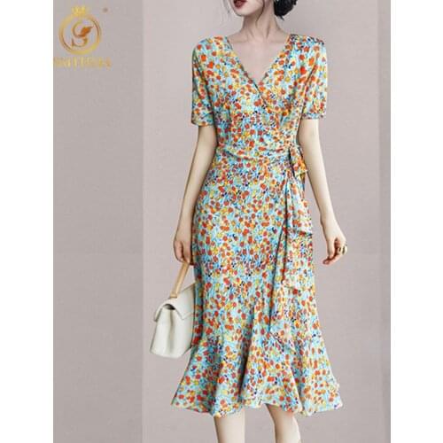 New Arrival French Light Luxury Elegant Temperament Summer Dress Womens Sexy V-Neck Short Sleeves Floral Mermaid Dresses