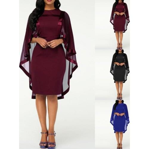 Sexy Bodycon Evening Party Women Sexy Dress Cloak Sleeves Mesh Patchwork Autumn Solid Color Round Collar Elegant Bodycon Dress