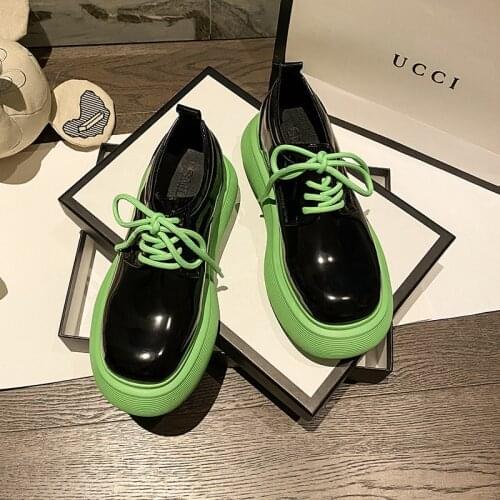 2021 Patent Leather lace up brogue shoes women flats round toe real leather oxfords celebrity green thicken soled loafers derby