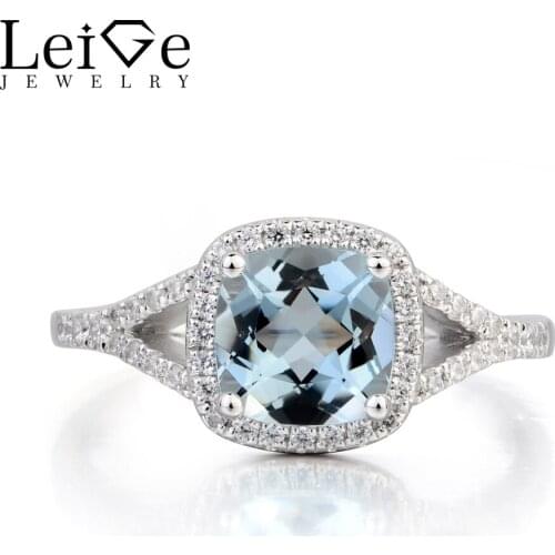 Leige Jewelry Blue Gemstone Anniversary Ring Natural Aquamarine Ring Cushion Cut 925 Sterling Silver Ring March Birthstone Gift