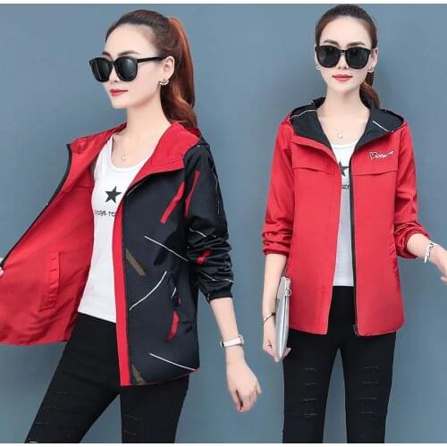 Spring Autumn Women Jacket New Fashion Hooded Wear on both Sides Print Outwear Women Basic Coat Lady Windbreaker Plus Size