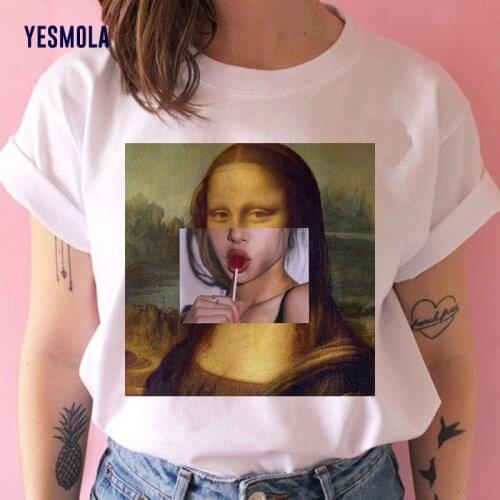 YESMOLA Female T-shirt Mona Lisa Spoof Personality Oil Painting Tops 90s Female T-shirt Cartoon Harajuku Aesthetic Tshirt