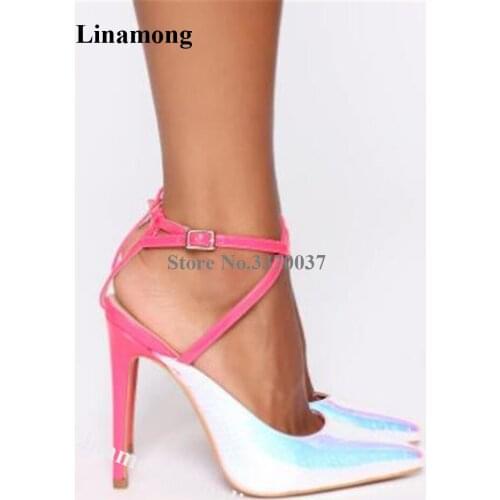 Women Shining Fluorescent Pointed Toe Stiletto Heel Pink Heel Pumps Strap Cross Reflective Patchwork High Heels Wedding Shoes