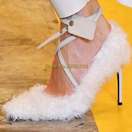 Runway Hairy Thin Heel Shoes Sexy Pointed Toe Lace Up Shallow Rivet Dress Women Pumps Autumn Winter Stiletto Heel Shoes Solid