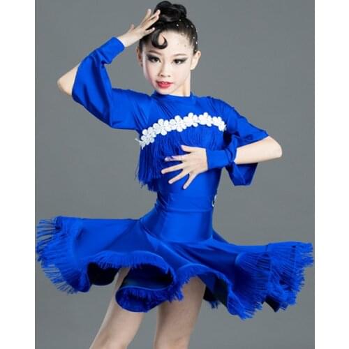 2020 Latin Dance Dress For Girls Blue Tassel Latin Skirts Sets Ballroom Tango Salsa Cha Cha Samba Performance Dance Wear SL2428