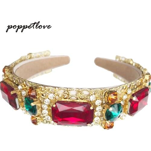 2017 Fashion European Vintage Baroque Headband Full Colorful Crystal Rhinestone Hairbands Gold Leaves Crown Pearl Hair Jewelry