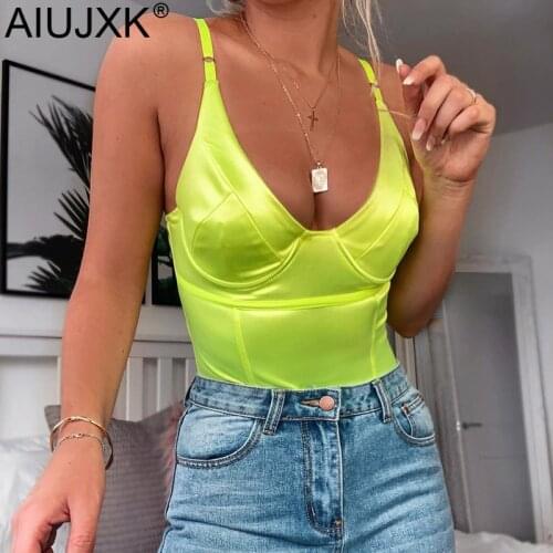 AIUJXK New Arrival 2019 Sexy Neon Green Bodysuit Women Summer V Neck Backless Spaghetti Strap Club Bodysuits Fashion Body Top