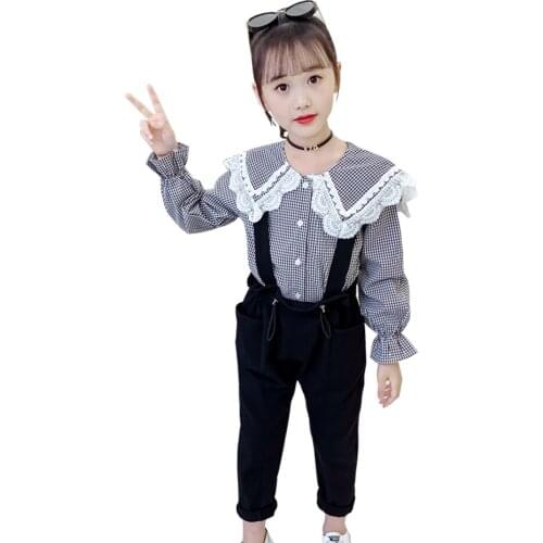 Teen Girls Clothing Plaid Blouse + Jumpsuit Teenage Girls Clothing Lace Girls Sets Casual Style Childrens Costume