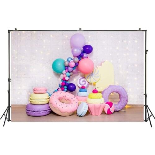 Photography Backdrop Artificial Huge Sweets Pastry Decors Glitter Lights White Brick Wall Background Cake Smash Studio Portraits