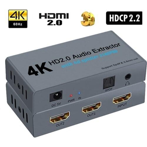 HDMI Audio Splitter 1x2 4K 3D HDMI 2.0 Audio Extractor with SPDIF 3.5mm Audio Output Supports 2.0CH and 5.1CH HDMI to Audio Conv