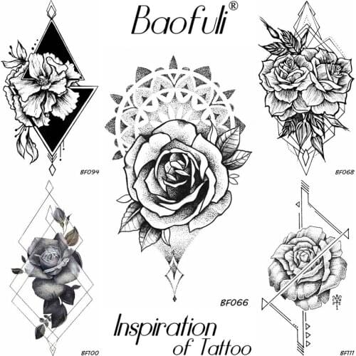 Henna Flower Rose Round Temporary Tattoo Pencil Sketch Waterproof Black Tatoos Neck Hands Ankle Women Sexy Fake Tattoo Stickers