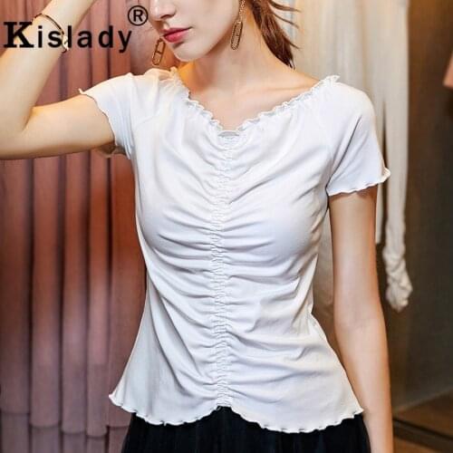 Kislady Sweet Womens Pleated V-neck T-shirt Cotton White Red Tops OL Lolita Design T-shirt Fashion Korean Japanese Tops