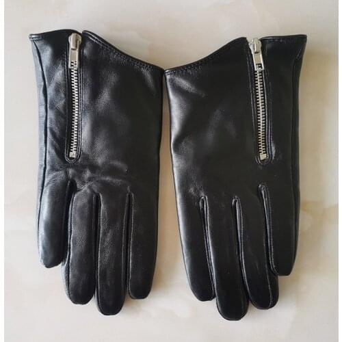 Genuine Leather Pure Sheepskin Short Style Black With Zipper European Version Of The Cut French Elegant Womens Gloves TB76