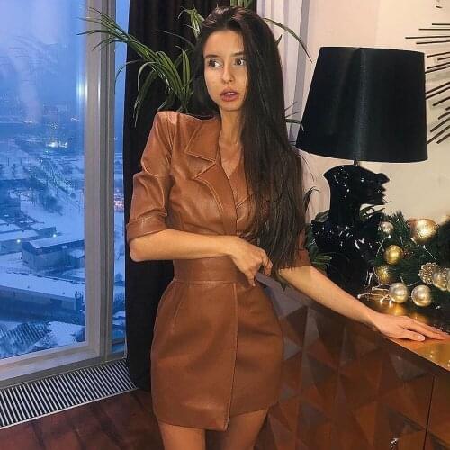 Faux Leather Jackets Womens Clothing 2021 Casual Autumn Winter Brown PU Long Coats With Belt Long Sleeves Fall Y2K Outwear Suit