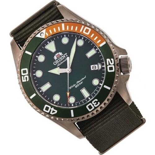 Auto watch diving man Orient RA-AC0K04E strap fabric 43.4mm dial green sapphire crystal divers mens watch green dial nylon