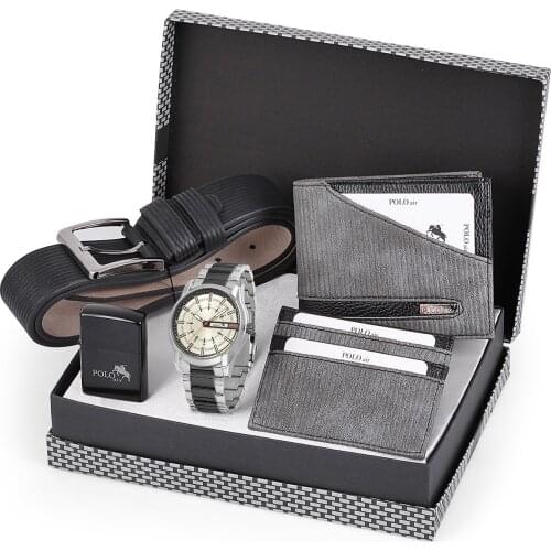 Mens Wristwatch Clock Belt Wallet Card Wallet Lighter Male Set Kombin In Gift Box