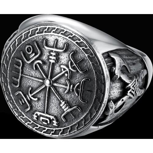Vintage Viking Pirate Double Axe Mens Totem Ring Stainless Steel Men Thor Hammer Punk Motorcycle Biker Jewelry