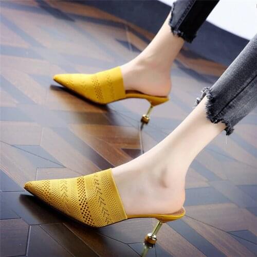 Knit Mesh Breathable High heels Mules slippers women 2019 summer shoes women Pointed Toe Thin Heels Fashion Party ladies shoes
