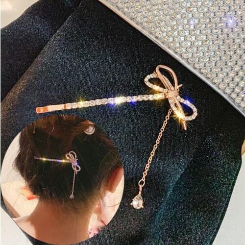 New Fashion Rhinestone Bowknot Hairpin Crystal Hair Clips Girls Side Barrettes With Tassel Women Headdress Hair Accessories