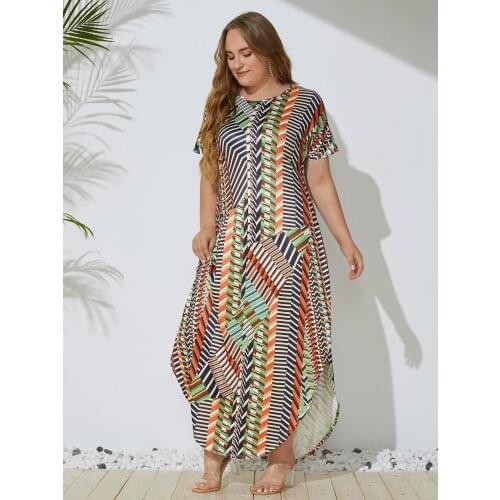 4XL 5XL Plus Size Dress 2021 Fashion Women Short Sleeve Striped Print Casual Dress Side Split Maxi Long Dresses Women Clothing