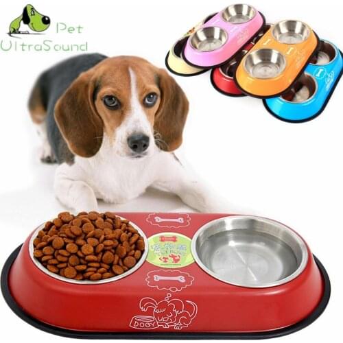 ULTRASOUND PET Dog Cat Double Stainless Steel Bowl For Dog Cat Small Pet Food Water Feeder Feeding Puppy Non Slip Drinking Dish
