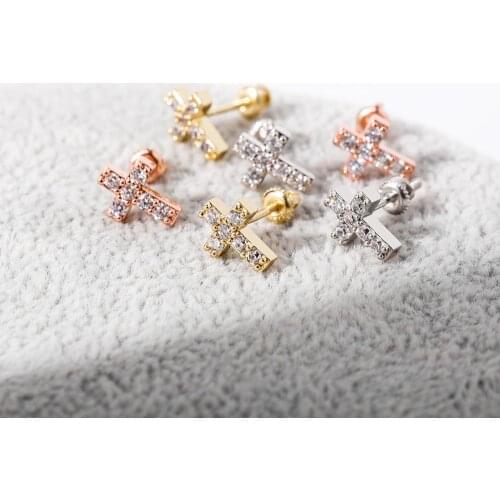 Material S925 Sterling Silver 1Pair Cubic Zirconia Paved Bling Ice Out Sliod Cross Earrings for Women Men Hip Hop Jewelry