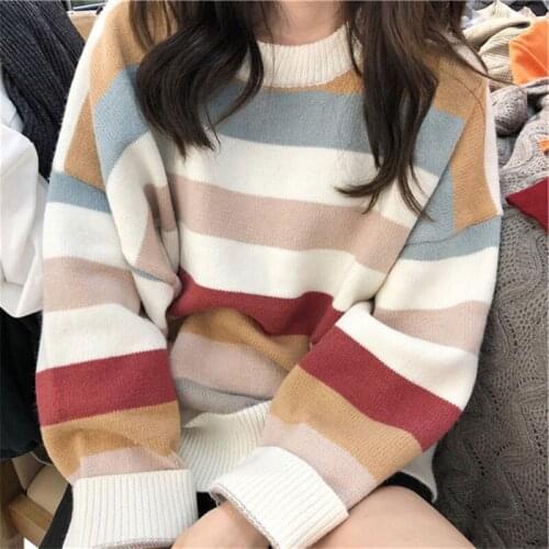 Lazy wind Knitted Sweater Women Elegant Striped Oversized Pullovers Women Winter Loose Long Sweaters Streetwearfashion New 2021