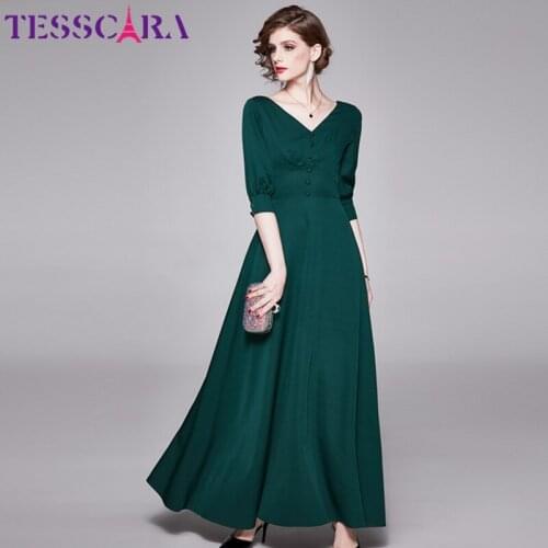 TESSCARA Women Spring Summer Elegant Dress Festa High Quality Long Maxi Party Robe Femme Vintage V-Neck Designer Green Vestidos