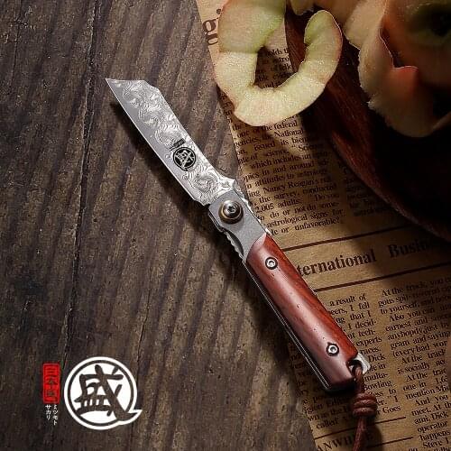 MITSUMOTO SAKARI Japanese VG10 Damascus Folding knife with Yellow Sandalwood Handle and Gift Box Pocket Knife Mini Knife