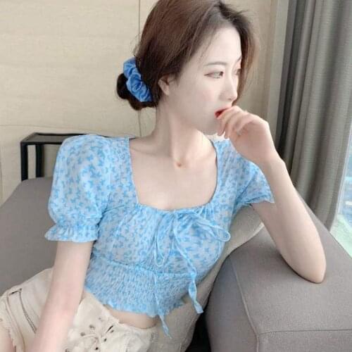 Womens Casual Butterfly Print Square Collar Top Puff Sleeve Sweet Sexy Exposed Navel Short Sleeves Shirts Blouses