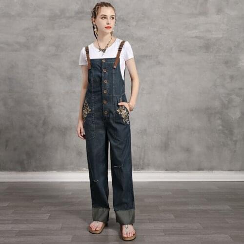 Johnature Leisure Retro Patchwork Embroidery Pockets Denim Straight Jumpsuits 2021 Summer New Loose Women Full Length Jumpsuits