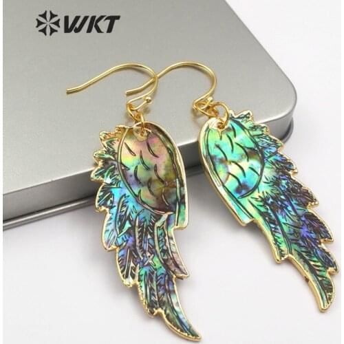 WT-E242 Gold Shell Feather Earrings Black White Yellow Rainbow Grey Color Sea Shell Earring With Gold Trim Women Fashion Jewelry