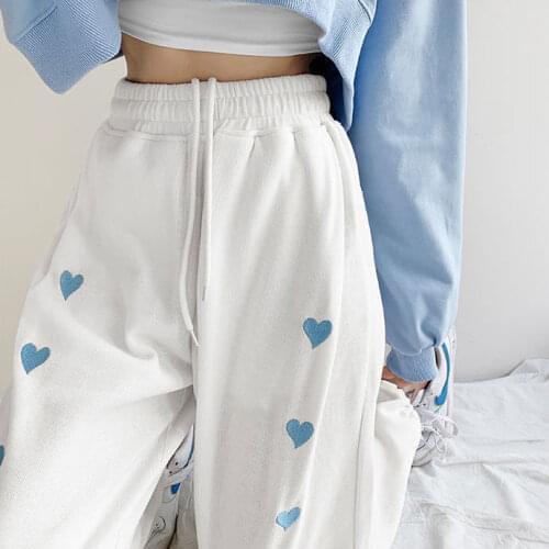 2021 New Love Embroidered Sweatpants Womens High Waist Loose Straight Wide Leg Pants Womens Drawstring Sweatpants Harajuku