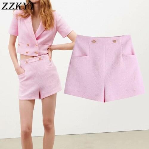 2021 Women Vintage With Double Buttons Pink Tweed Shorts Fashion Spring Pocket High Waist Side Zipper Female Skort Mujer