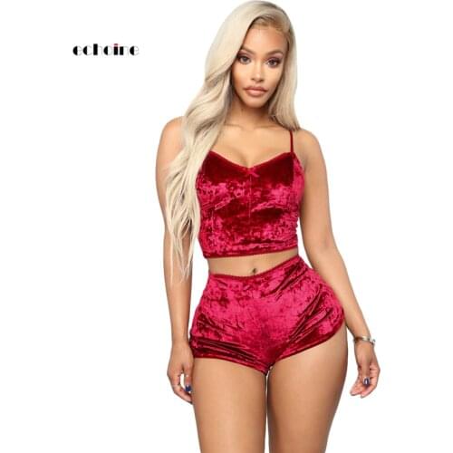 Echoine Sexy Bodycon Two Piece Set Women Velvet Spaghetti Straps Bow Lace Elastic Sleeveless V-Neck Crop Tops Short Pants Suit
