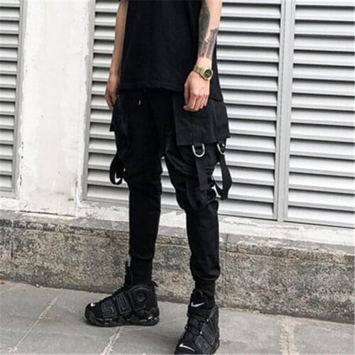 Mens Side Pockets Cargo Pants Black Hip Hop Casual Male Joggers Trousers Fashion Casual Streetwear Pants