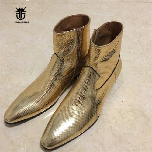 High End Exclusive Handmade Genuine Leather Golden Serpentine Pointed Toe Wedding Party Business Dress Boots